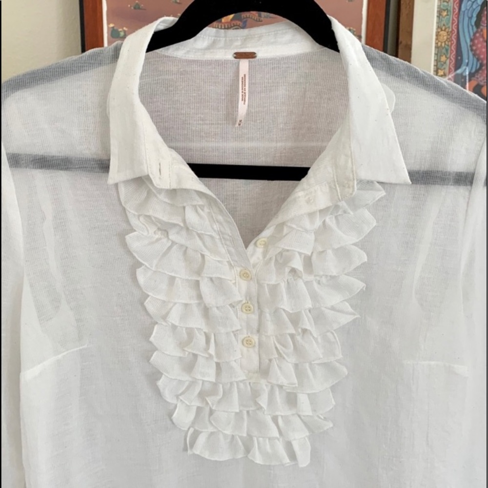 Free People Sheer Boho White Ruffle Blouse - M